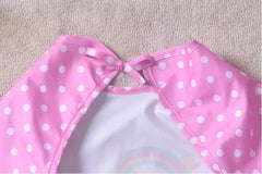 Huitich pink full sleeve baby feeding bib with white polka dots and neck tie closure