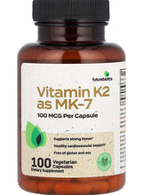 Vitamin K2 MK-7 dietary supplement bottle with 100 mcg and 100 vegetarian capsules label