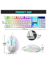 Keyboard with rainbow backlit keys and white gaming mouse with blue accents
