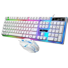 Backlit gaming keyboard and mouse set, colorful keys on white keyboard deck