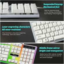 White mechanical-style keyboard with multicolor backlit keycaps and compact mouse
