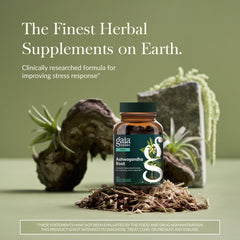 Gaia Herbs Ashwagandha 120 count supplement bottle on natural roots with green botanical background