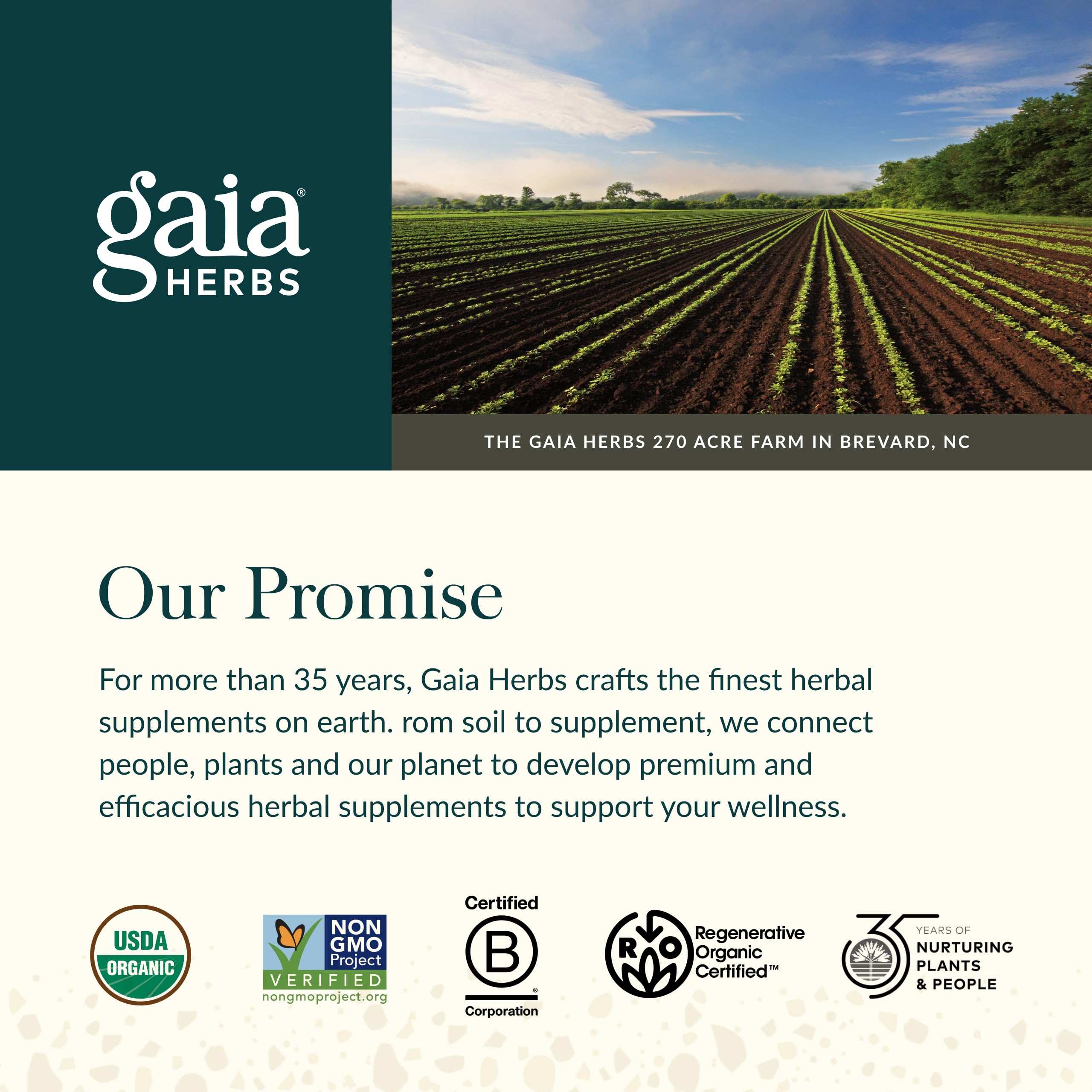 Gaia Herbs Ashwagandha 120 count image with Gaia Herbs logo and farm rows Our Promise text and organic certification badges
