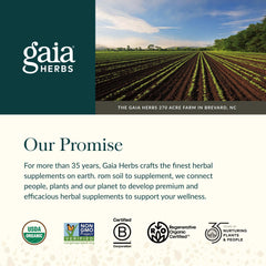 Gaia Herbs Ashwagandha 120 count image with Gaia Herbs logo and farm rows Our Promise text and organic certification badges