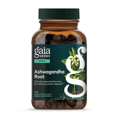 Gaia Herbs Ashwagandha 120 count. Amber bottle of Ashwagandha Root liquid phyto caps with green label