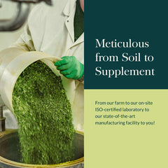 Gaia Herbs Ashwagandha 120 count supplement showing worker pouring green herb into processing vat with farm to supplement branding