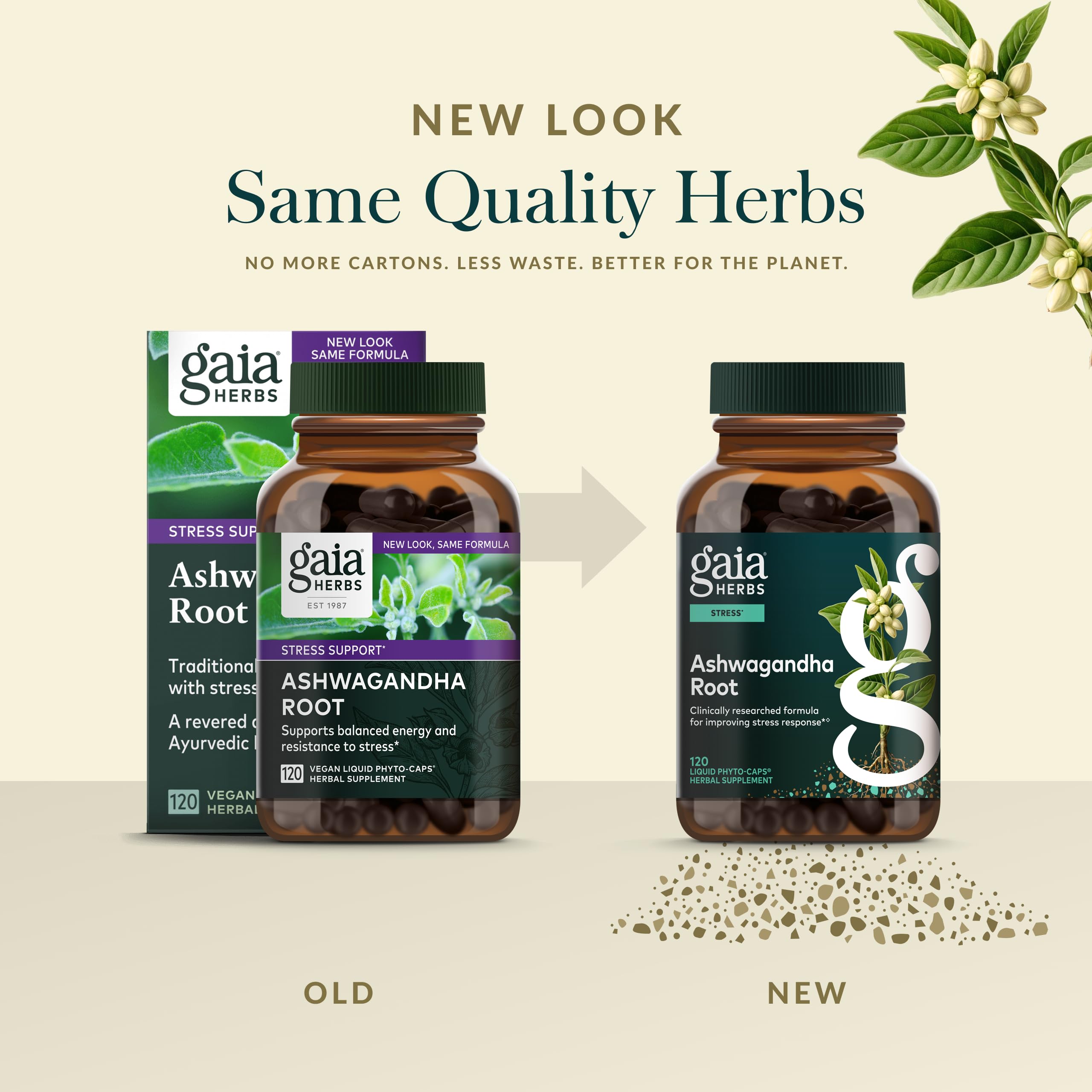 Gaia Herbs Ashwagandha 120 count supplement showing old and new bottle packaging side by side