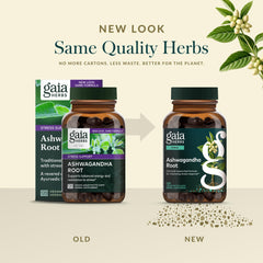 Gaia Herbs Ashwagandha 120 count supplement showing old and new bottle packaging side by side