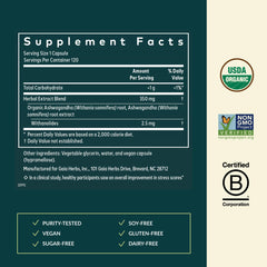 Supplement facts label and certification logos for Gaia Herbs Ashwagandha 120 count showing ingredients and purity tested vegan