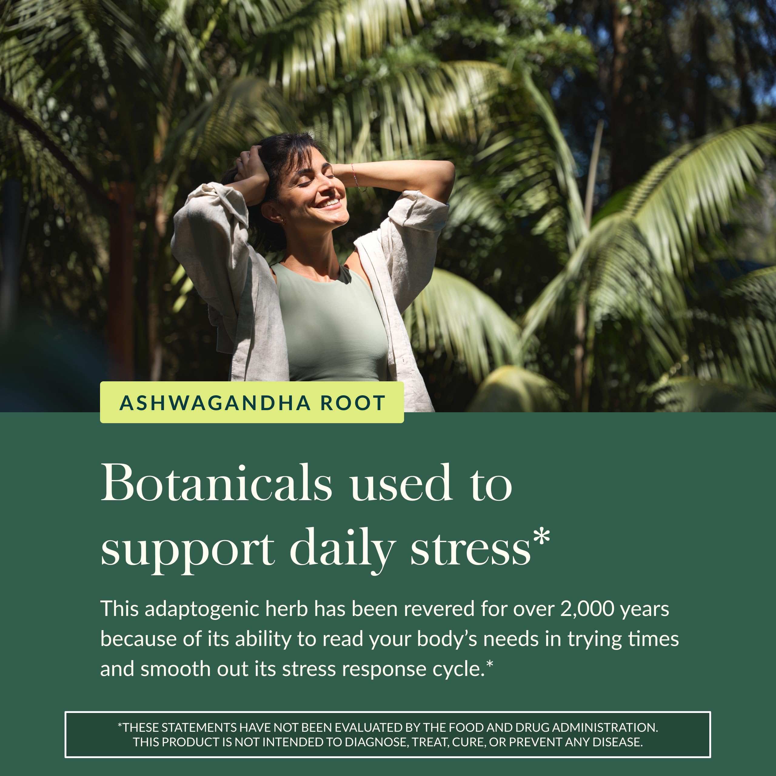 Gaia Herbs Ashwagandha 120 count ad with smiling woman in tropical setting and stress support messaging