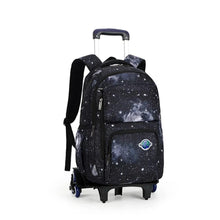 Galaxy starry rolling school backpack with front pockets, handle, and spinner wheels