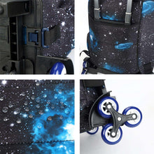 Starry galaxy rolling backpack detail of buckles and front organizer pocket
