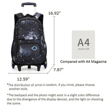 Starry galaxy rolling backpack with A4-size comparison diagram
