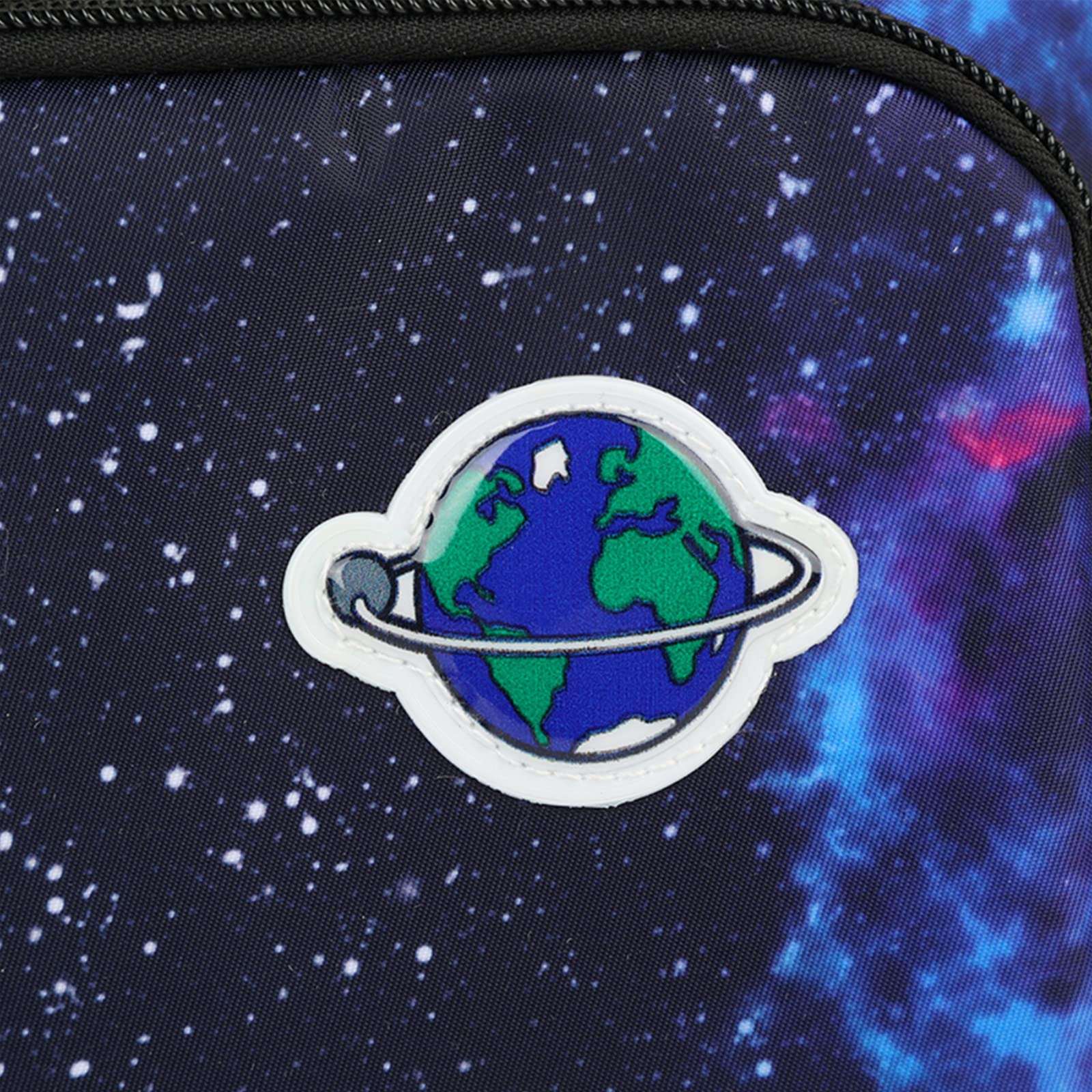 Close-up of Huitich galaxy rolling school backpack featuring planet patch and space design