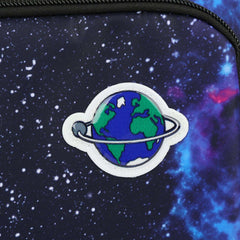 Close-up of Huitich galaxy rolling school backpack featuring planet patch and space design