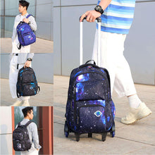 Starry galaxy rolling backpack held with side straps and front zip pocket