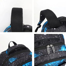 Starry galaxy rolling backpack corner close-up with padded shoulder strap