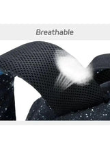 Breathable mesh back panel on galaxy-pattern backpack with cushioned shoulder straps