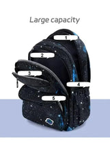 Galaxy-pattern backpack with multiple compartments and side zipper pockets, large capacity