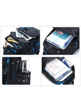 Galaxy-pattern wheeled backpack showing main compartment and inner sleeve for books