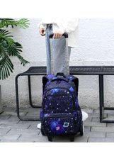 Purple galaxy-pattern wheeled school backpack with side pockets and top handle