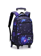 Galaxy-pattern wheeled school backpack, purple with telescoping handle and front pockets