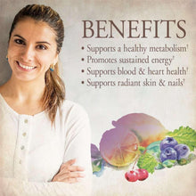 Women’s multivitamin jar with benefits text and fruit illustration on label