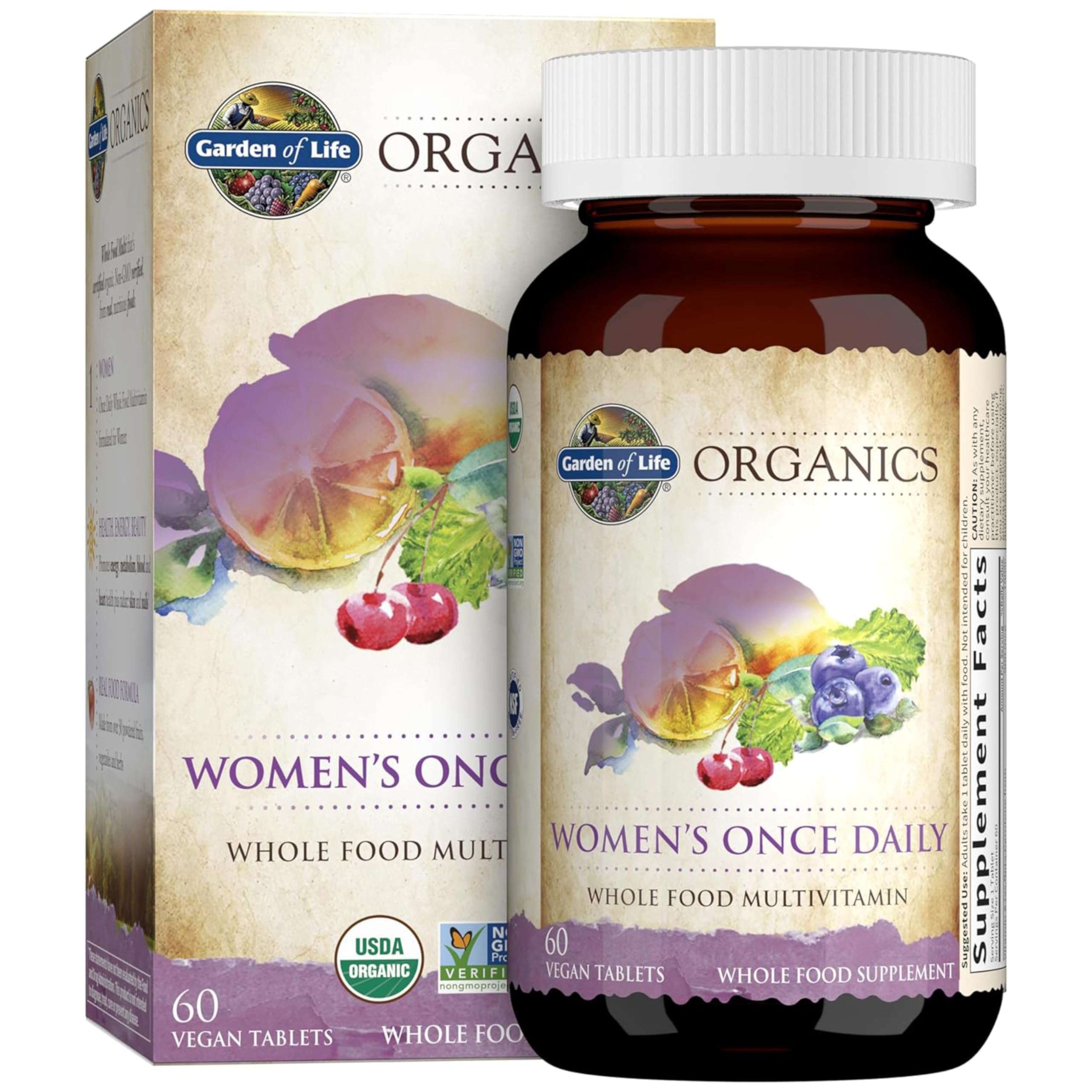 Garden of Life multivitamin for women brown bottle and box Organics Womens Once Daily whole food supplement