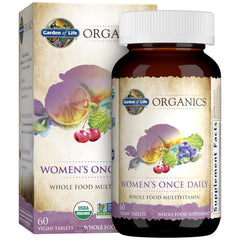 Garden of Life multivitamin for women brown bottle and box Organics Womens Once Daily whole food supplement