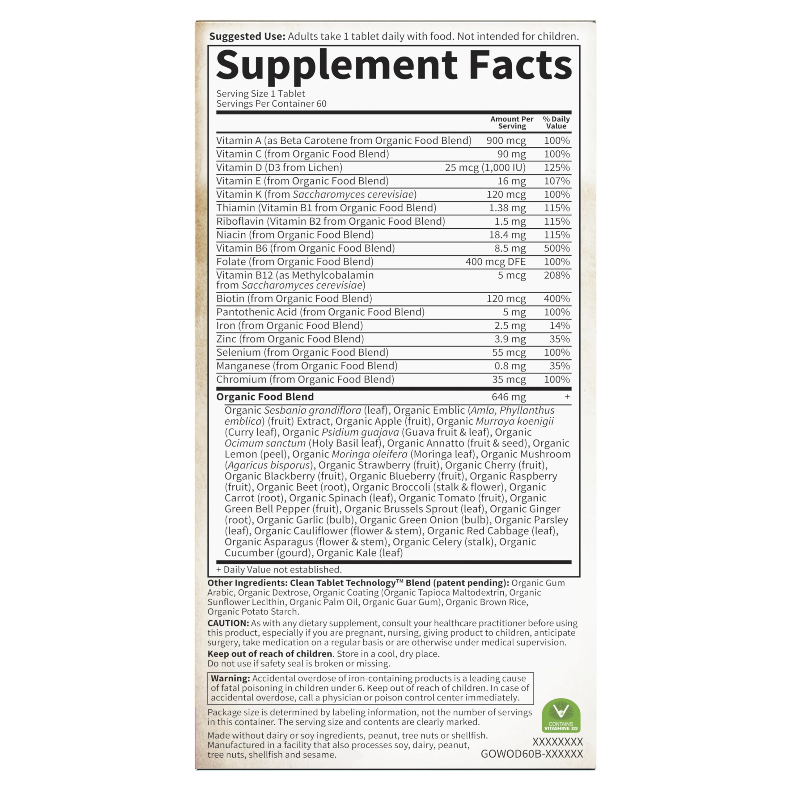 Garden of Life multivitamin for women supplement facts label showing vitamins minerals and organic food blend ingredients