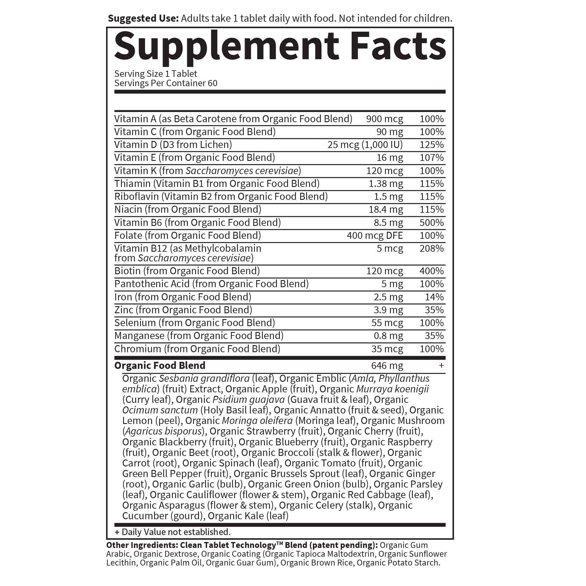 Supplement Facts label for Garden of Life multivitamin for women showing vitamins minerals and organic food blend