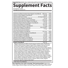 Supplement Facts label for Garden of Life multivitamin for women showing vitamins minerals and organic food blend