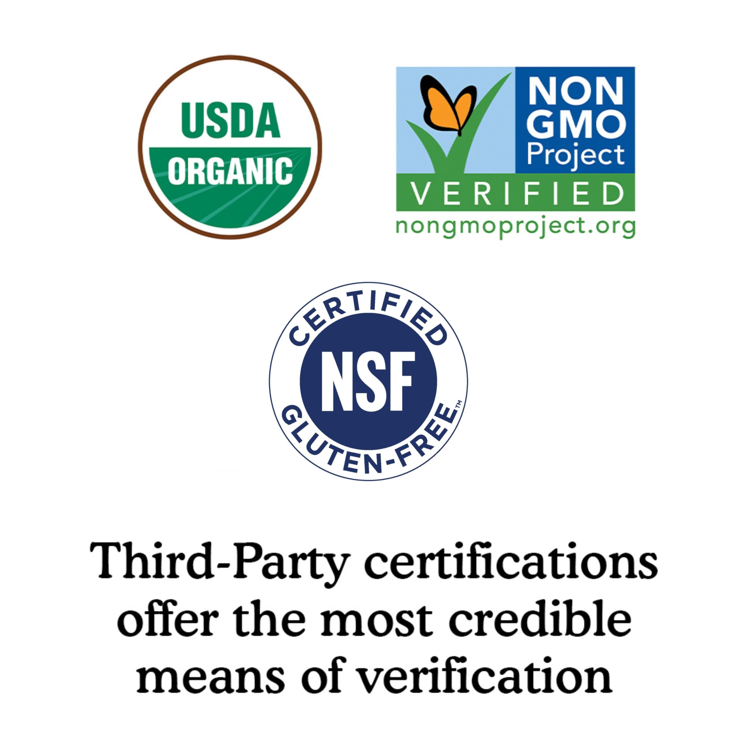 Garden of Life multivitamin for women showing USDA Organic Non GMO Project and NSF Gluten Free certification logos