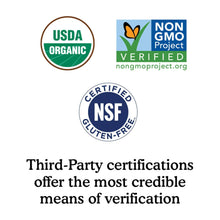 Third-party certification badges: USDA Organic, Non-GMO Verified, NSF gluten-free