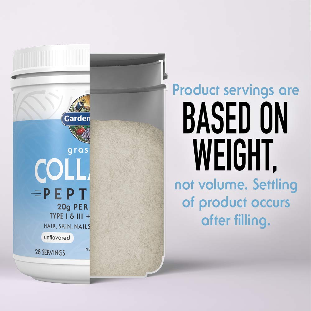 Garden of Life container of grass fed collagen peptides powder showing unflavored white powder and label