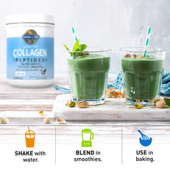 Garden of Life grass fed collagen peptides powder with two green smoothies and serving suggestions