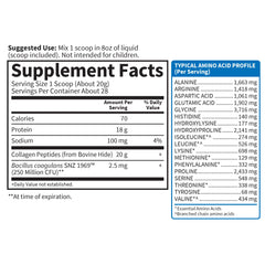 Garden of Life supplement facts label showing grass fed collagen peptides powder 20g per scoop 18g protein 70 calories