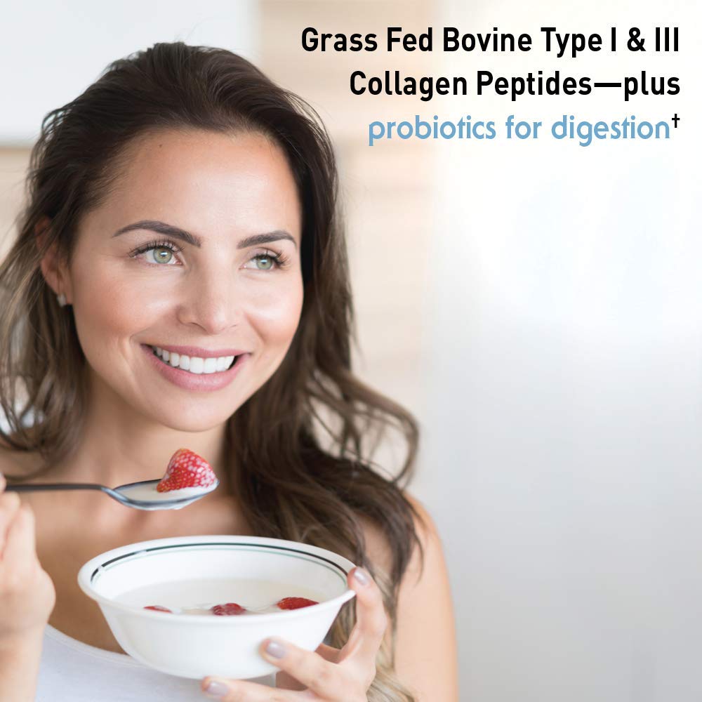 Smiling woman eating strawberry yogurt bowl with Garden of Life grass fed collagen peptides powder label