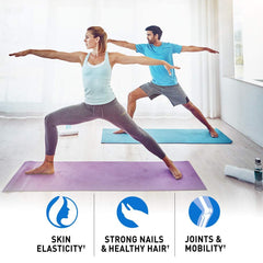Couple doing yoga with Garden of Life grass fed collagen peptides powder icons for skin nails and joints