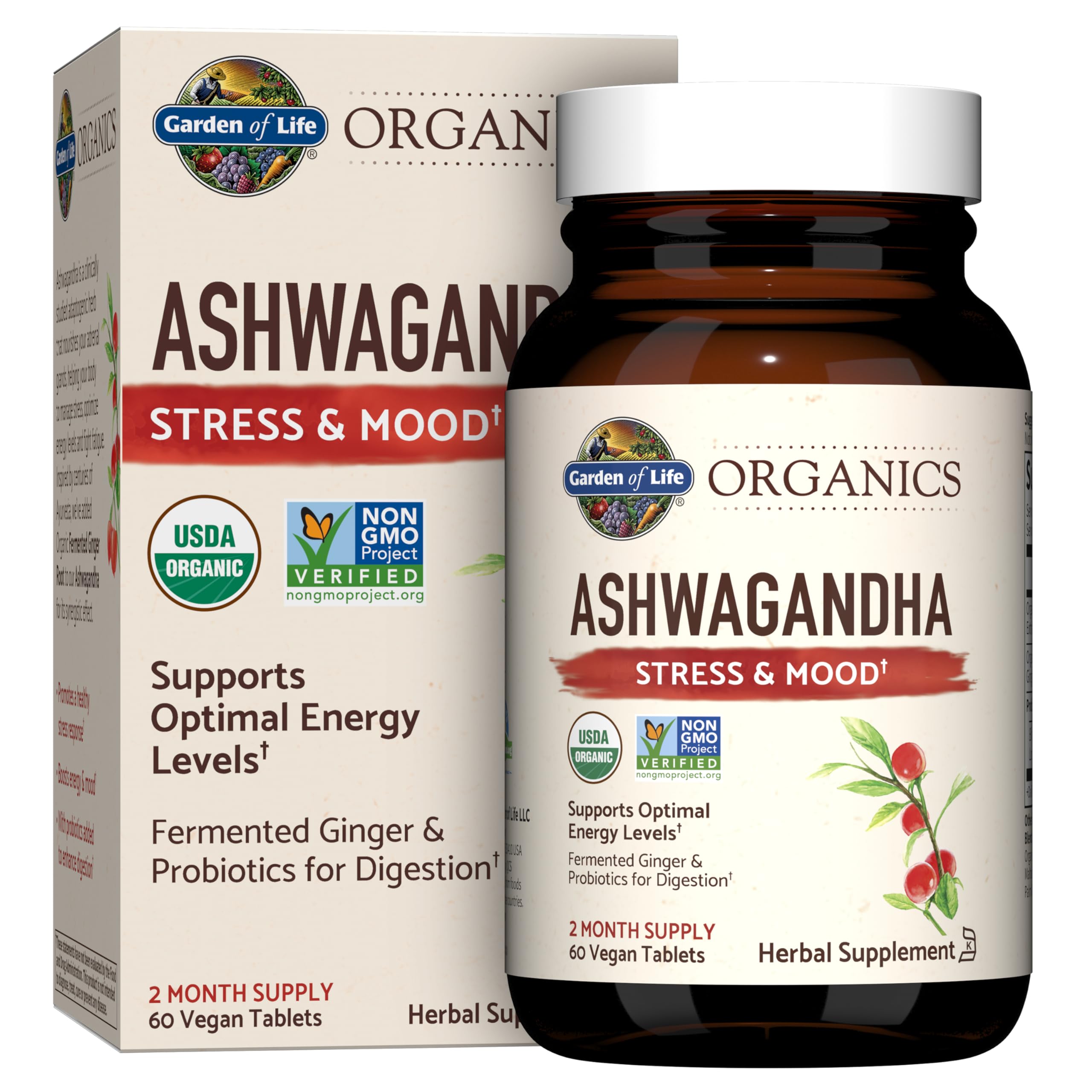 Garden of Life Organics Ashwagandha Stress and Mood bottle and box organic ashwagandha supplement UAE 60 vegan tablets