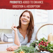 Probiotics added to enhance digestion & absorption supplement ad with woman and greens