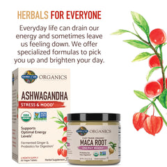 Garden of Life Organics Ashwagandha box and Maca Root jar with herbal packaging and text organic ashwagandha supplement UAE