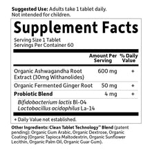 Supplement Facts label for organic ashwagandha and fermented ginger