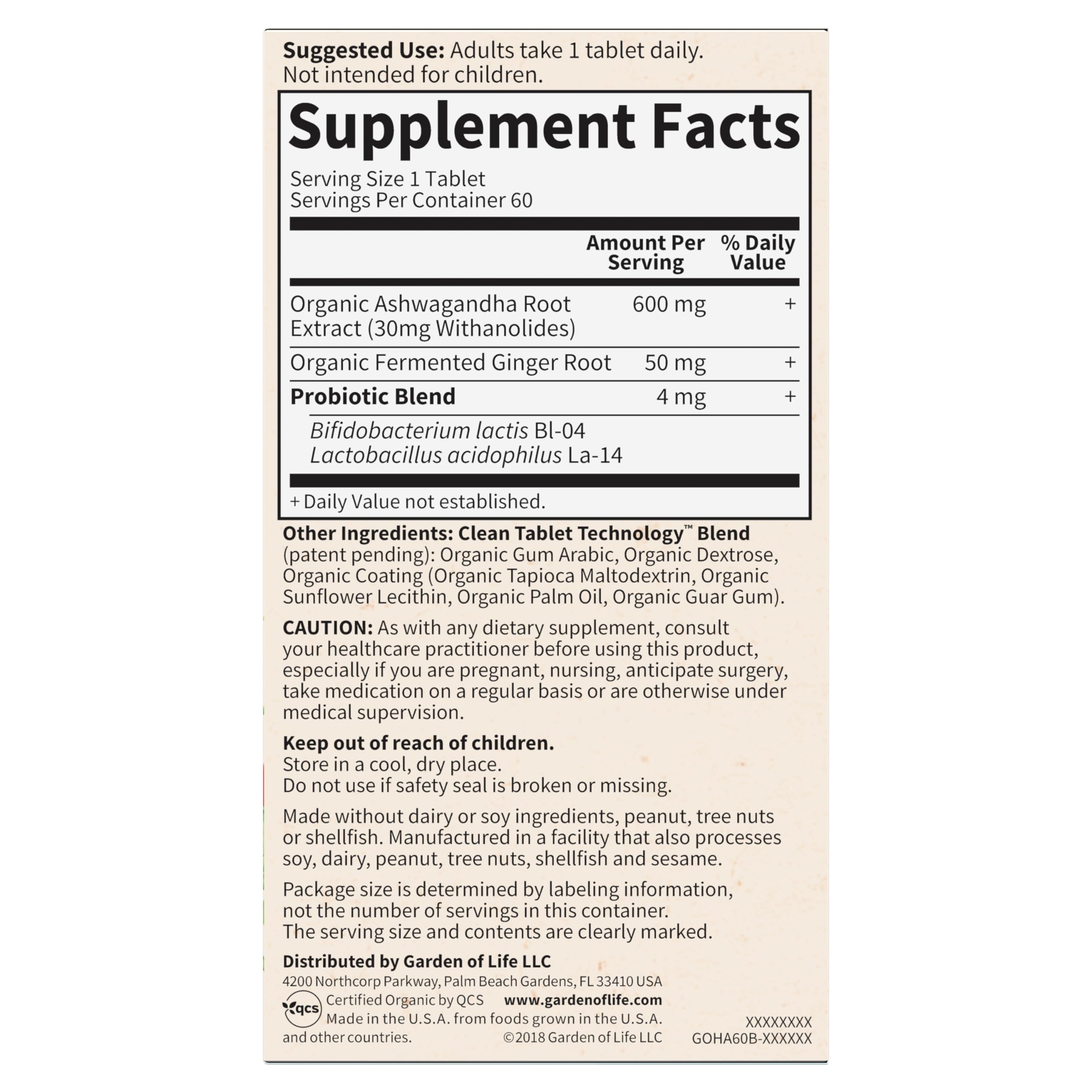 Garden of Life supplement facts showing Organic Ashwagandha Root 600 mg probiotic blend organic ashwagandha supplement UAE