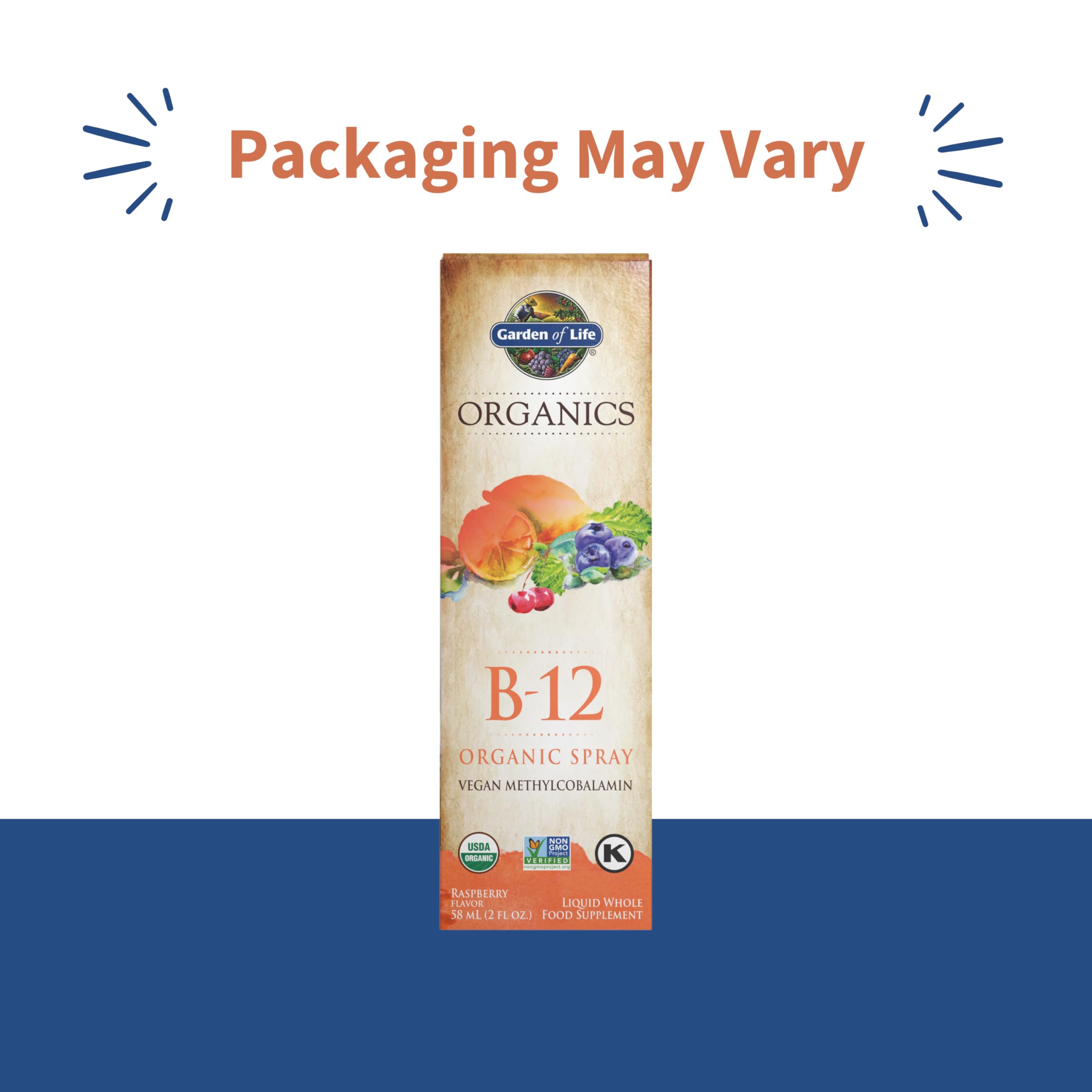 Garden of Life Organics B12 spray box with fruit artwork Packaging May Vary text organic B12 spray UAE