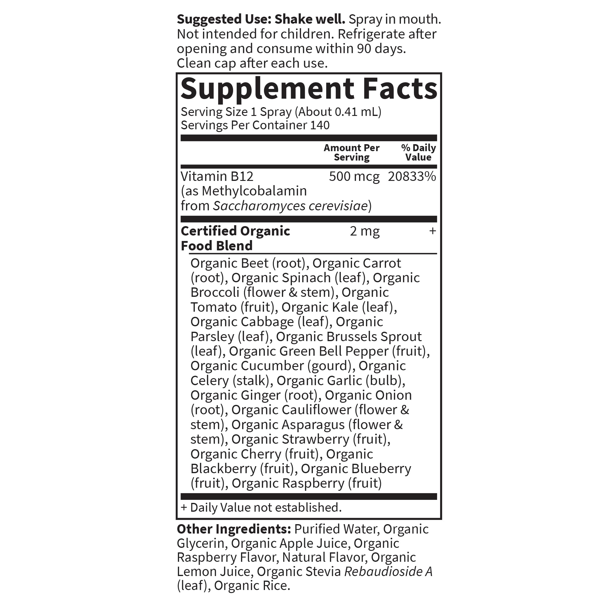Garden of Life supplement facts label for organic B12 spray UAE showing 500 mcg vitamin B12 and organic food blend