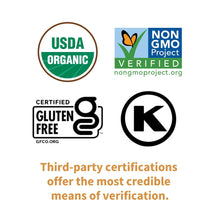 Third-party certification logos: USDA Organic, Non GMO Project, gluten-free, K