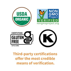 Garden of Life certification badges showing USDA Organic Non GMO Certified Gluten Free and Kosher for organic B12 spray UAE