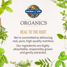 Garden of Life Organics box with leaf-themed branding and Real to the Root graphic