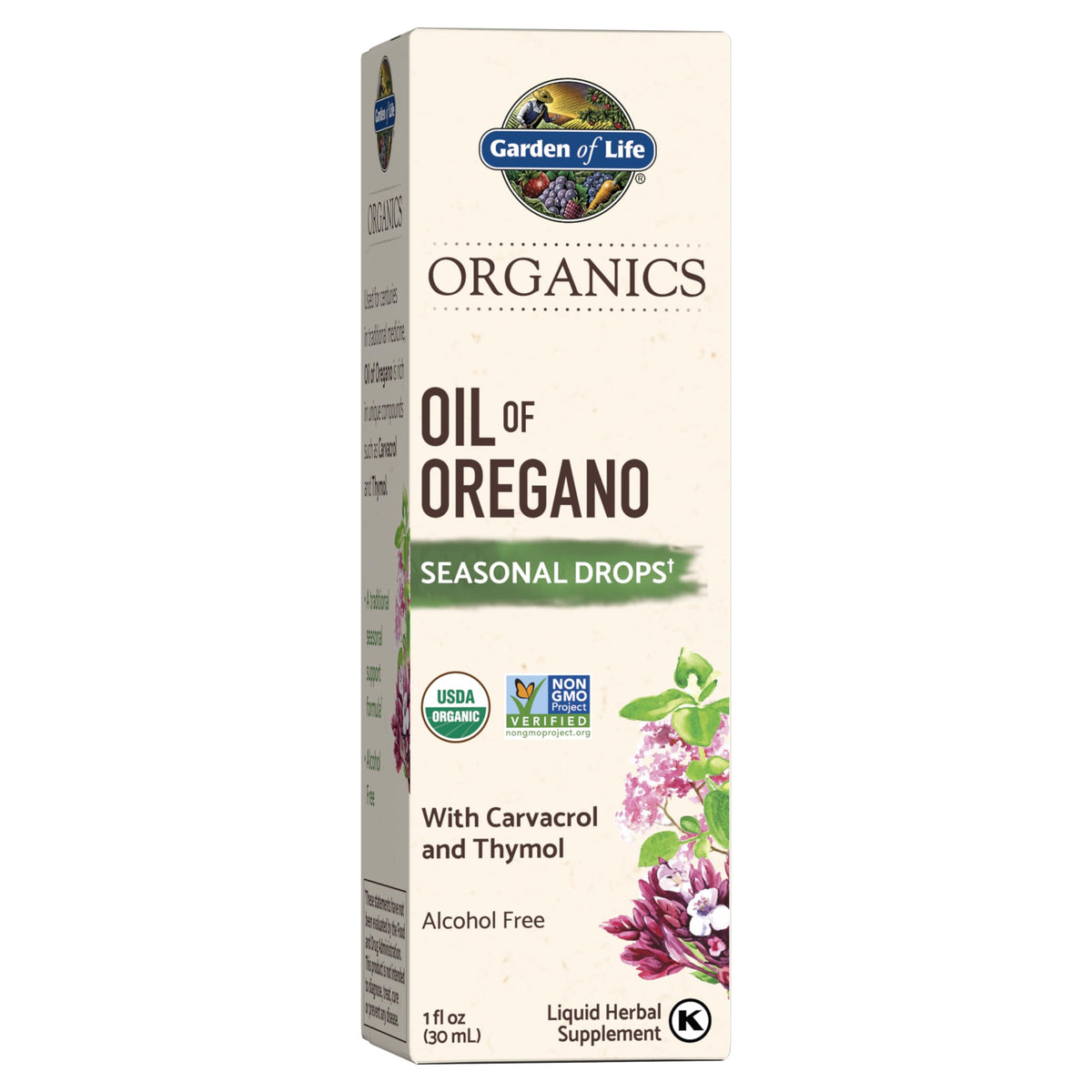 Garden of Life Organics Oil of Oregano Seasonal Drops box with herb illustration and USDA seals organic oil of oregano supplement